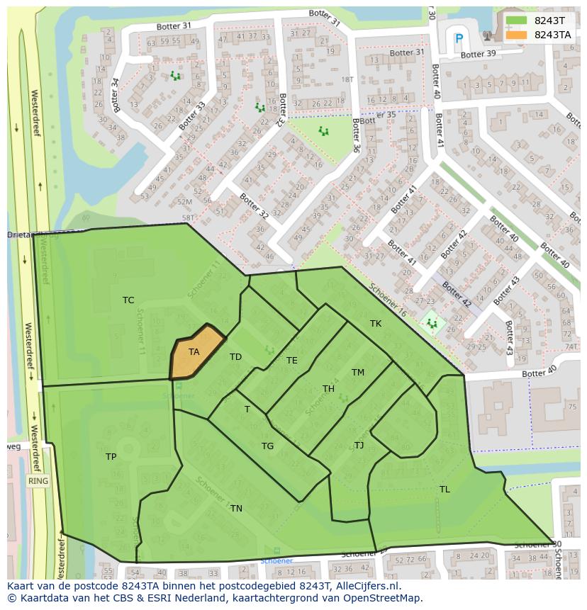 Afbeelding van het postcodegebied 8243 TA op de kaart.