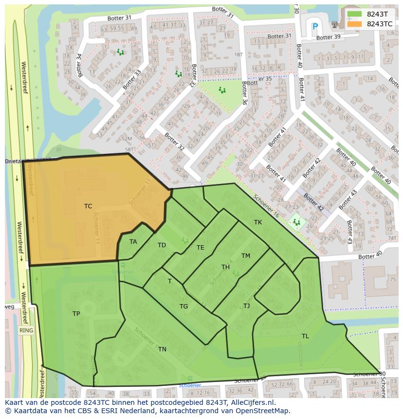 Afbeelding van het postcodegebied 8243 TC op de kaart.
