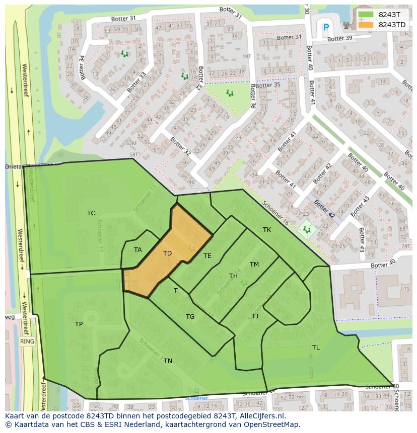 Afbeelding van het postcodegebied 8243 TD op de kaart.