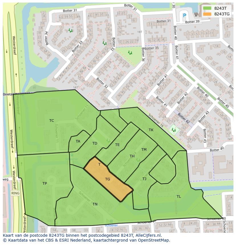 Afbeelding van het postcodegebied 8243 TG op de kaart.