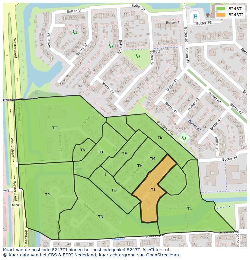 Afbeelding van het postcodegebied 8243 TJ op de kaart.