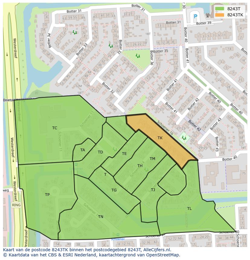 Afbeelding van het postcodegebied 8243 TK op de kaart.