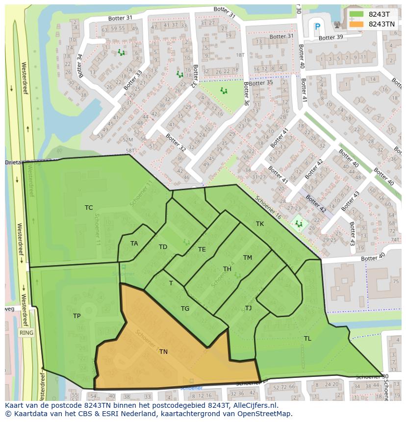 Afbeelding van het postcodegebied 8243 TN op de kaart.