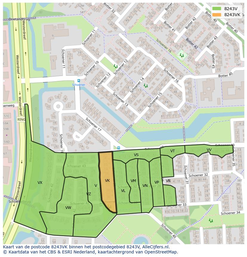 Afbeelding van het postcodegebied 8243 VK op de kaart.