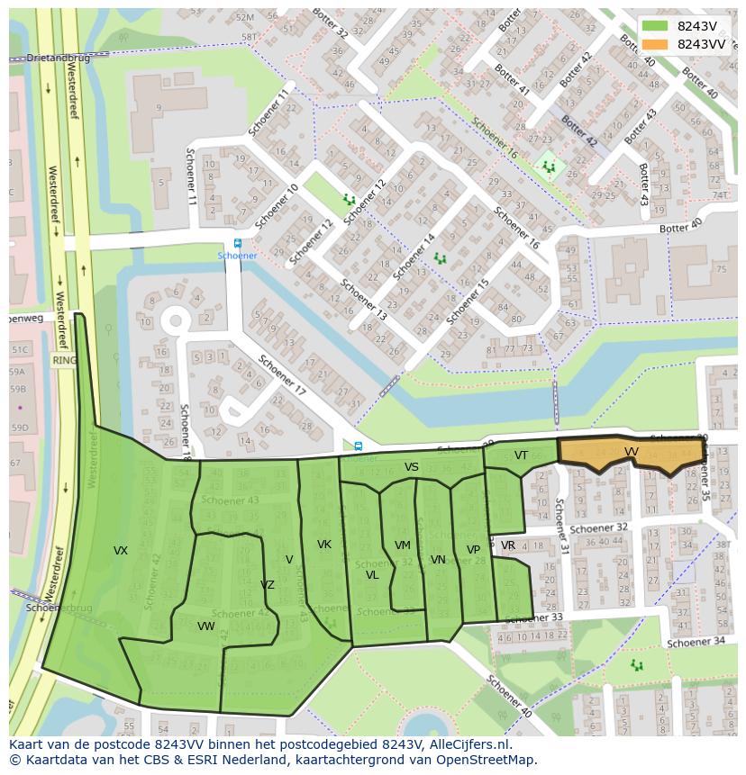 Afbeelding van het postcodegebied 8243 VV op de kaart.