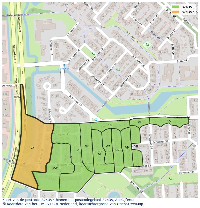 Afbeelding van het postcodegebied 8243 VX op de kaart.
