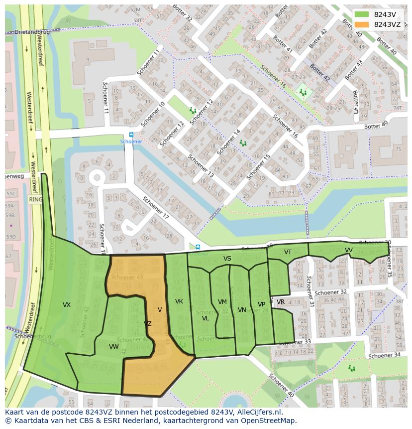 Afbeelding van het postcodegebied 8243 VZ op de kaart.