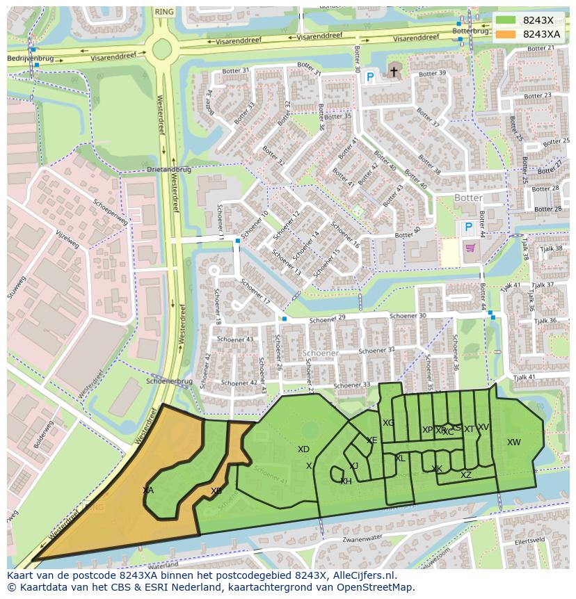 Afbeelding van het postcodegebied 8243 XA op de kaart.