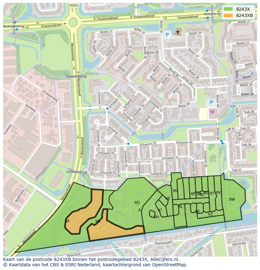 Afbeelding van het postcodegebied 8243 XB op de kaart.