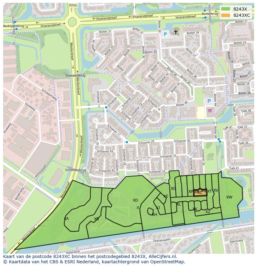 Afbeelding van het postcodegebied 8243 XC op de kaart.