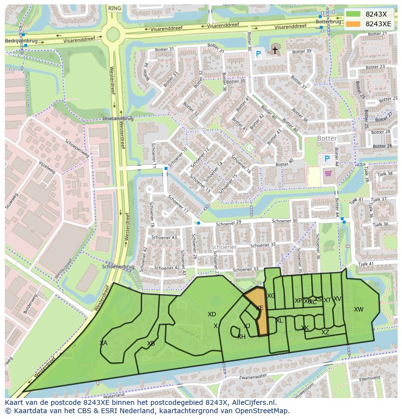 Afbeelding van het postcodegebied 8243 XE op de kaart.