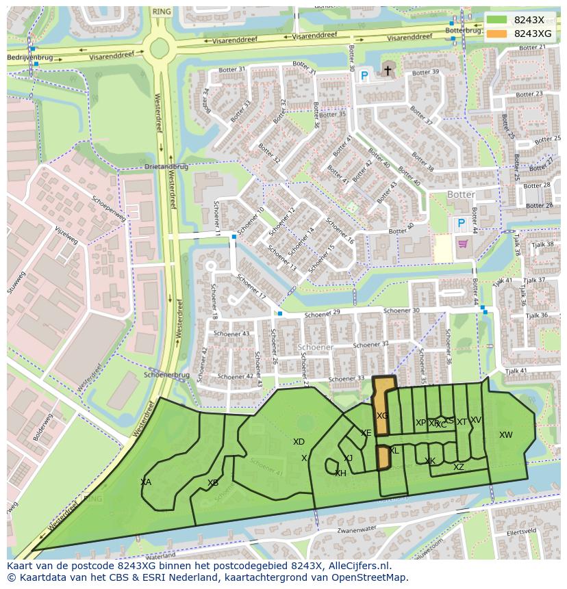Afbeelding van het postcodegebied 8243 XG op de kaart.