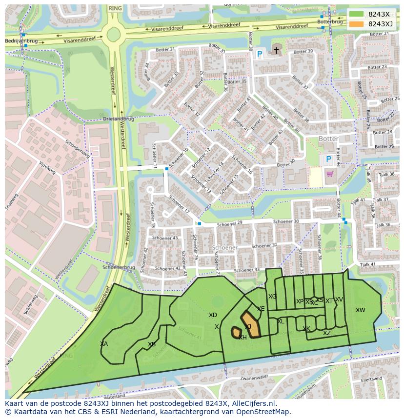 Afbeelding van het postcodegebied 8243 XJ op de kaart.