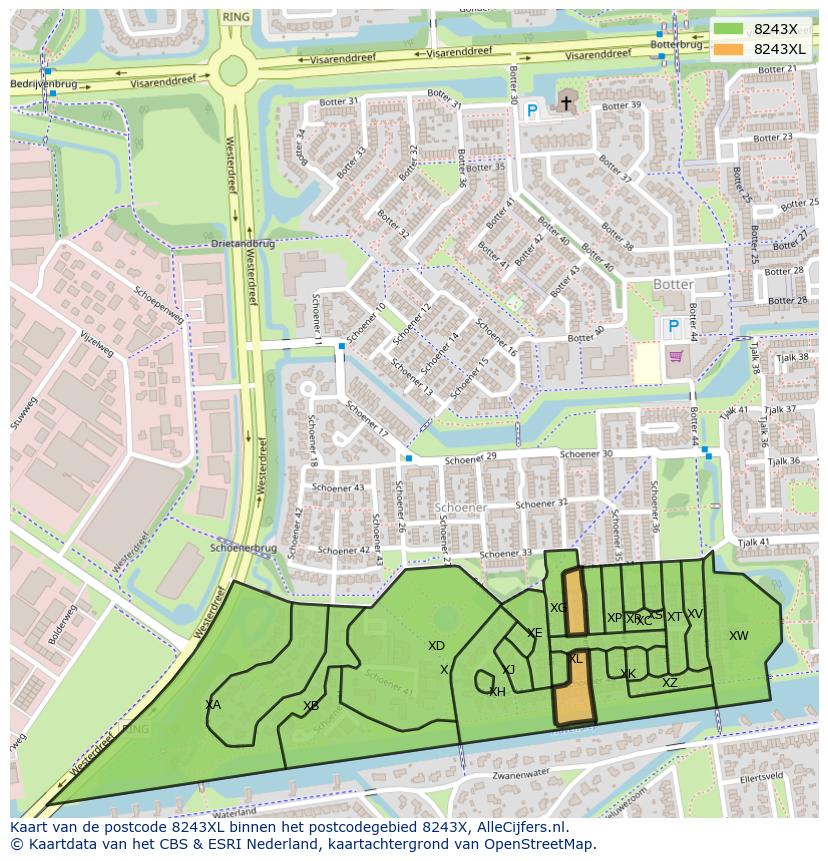 Afbeelding van het postcodegebied 8243 XL op de kaart.