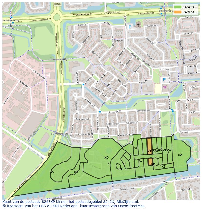 Afbeelding van het postcodegebied 8243 XP op de kaart.