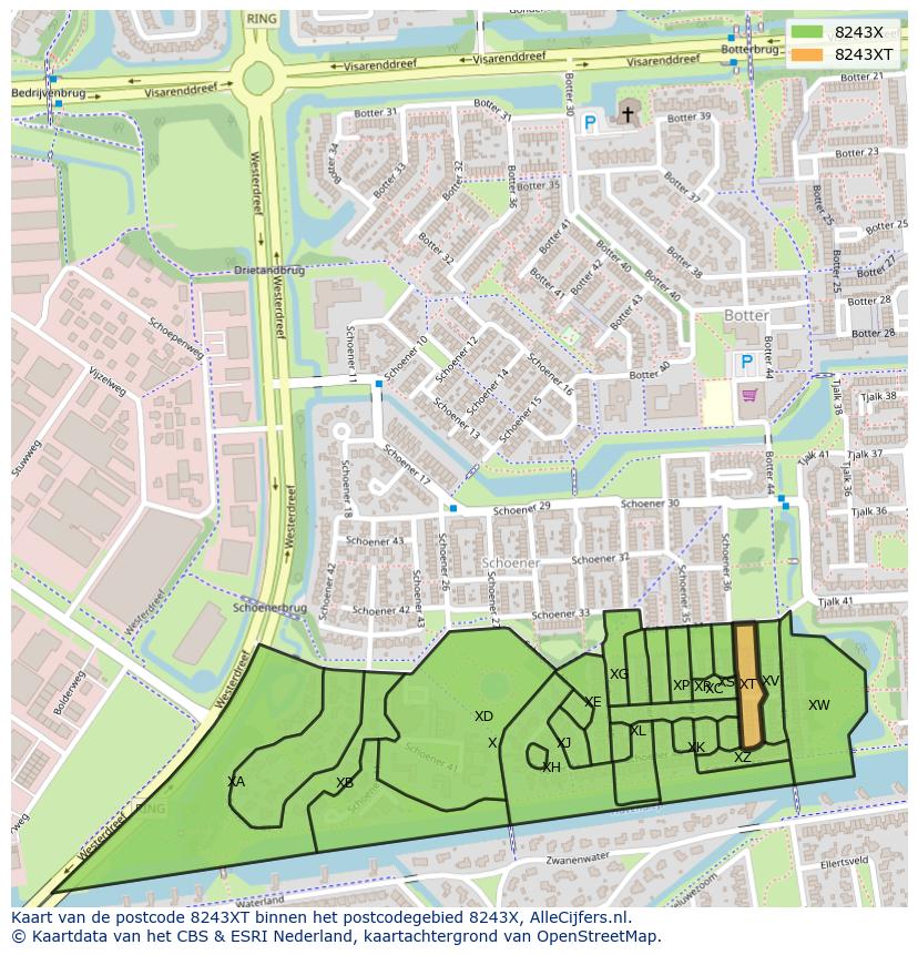 Afbeelding van het postcodegebied 8243 XT op de kaart.