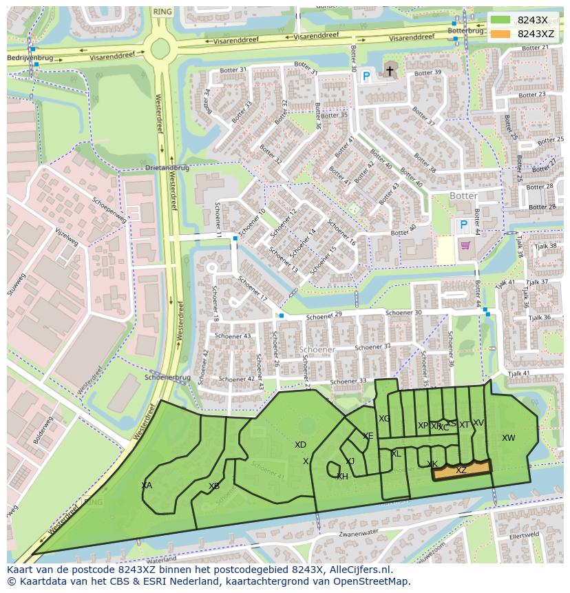 Afbeelding van het postcodegebied 8243 XZ op de kaart.