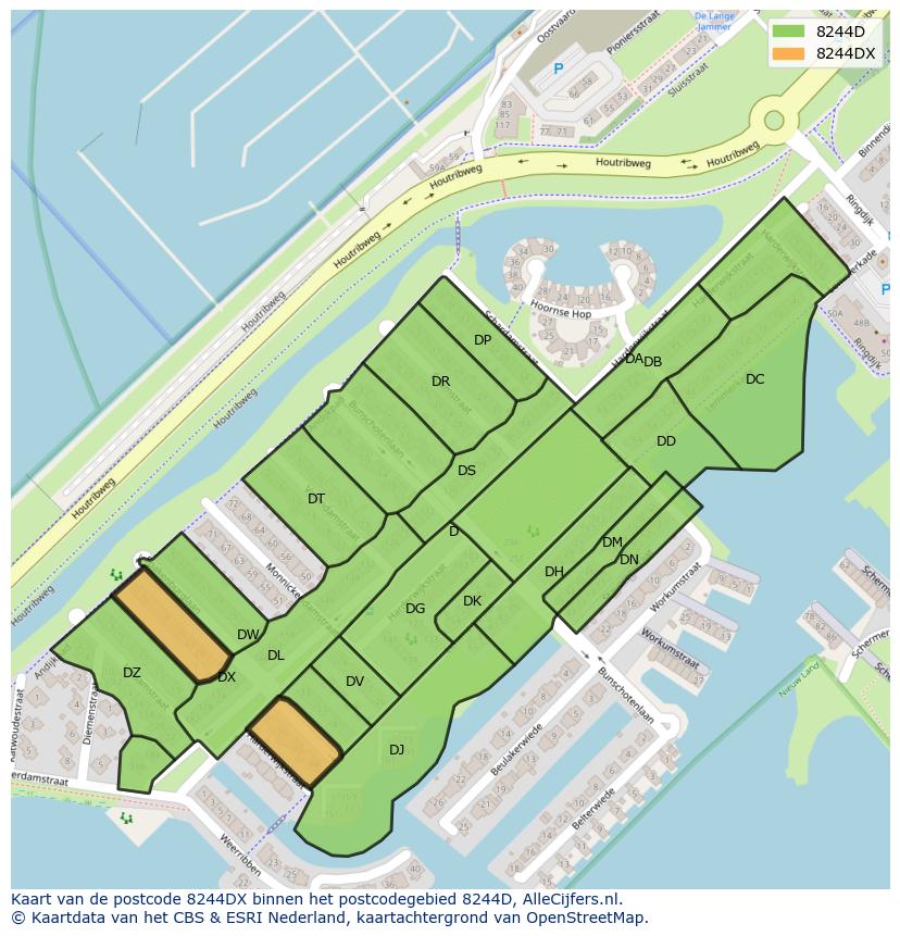 Afbeelding van het postcodegebied 8244 DX op de kaart.