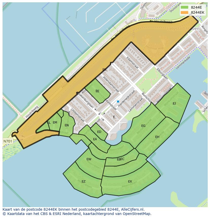 Afbeelding van het postcodegebied 8244 EK op de kaart.