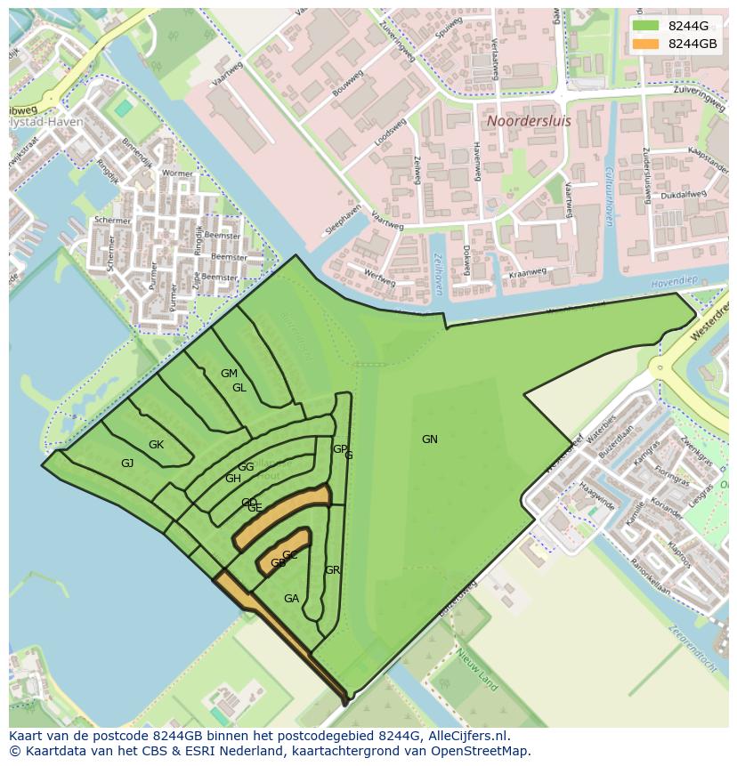 Afbeelding van het postcodegebied 8244 GB op de kaart.