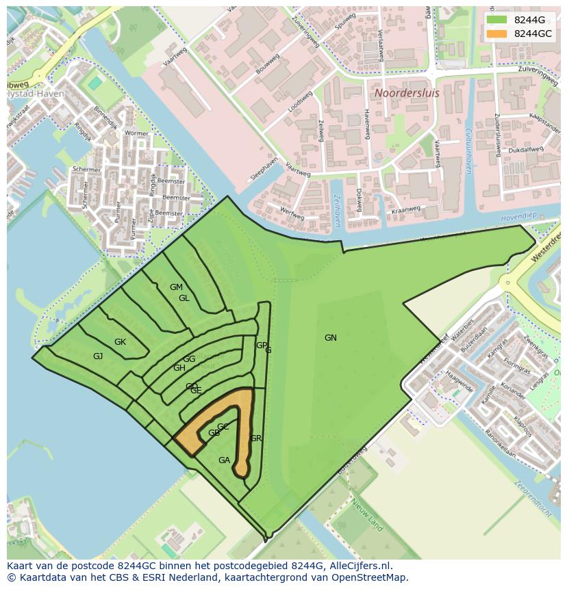Afbeelding van het postcodegebied 8244 GC op de kaart.