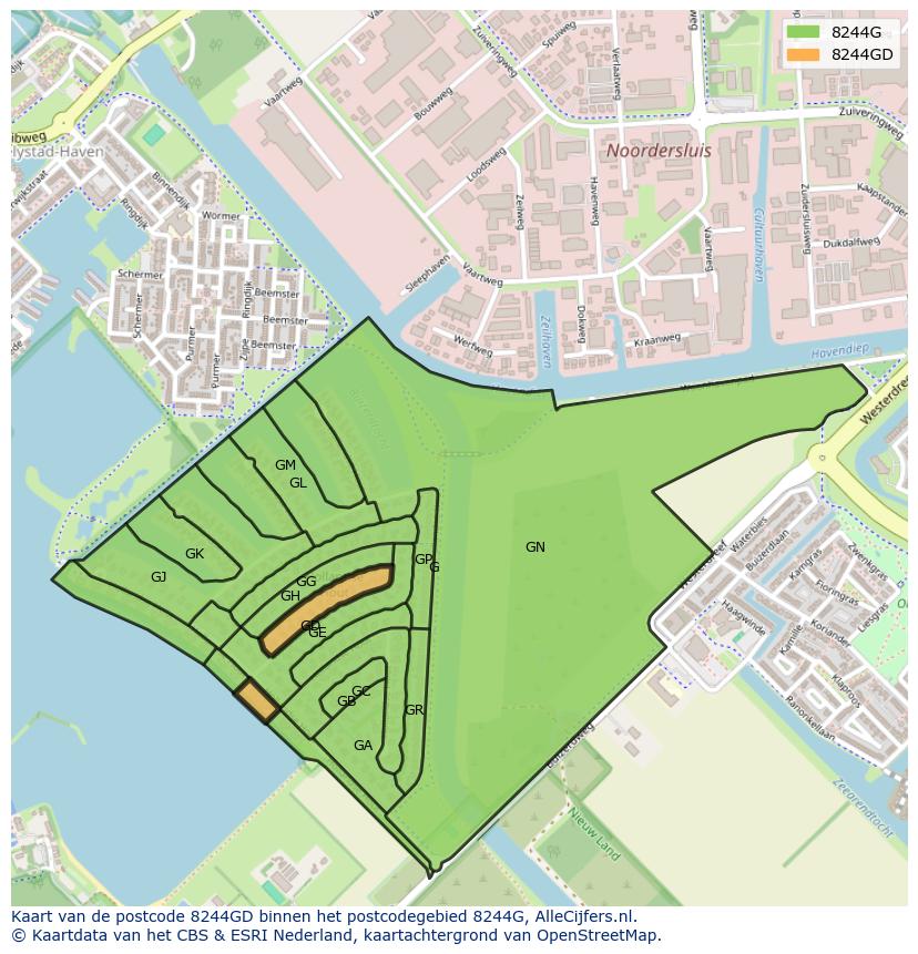 Afbeelding van het postcodegebied 8244 GD op de kaart.