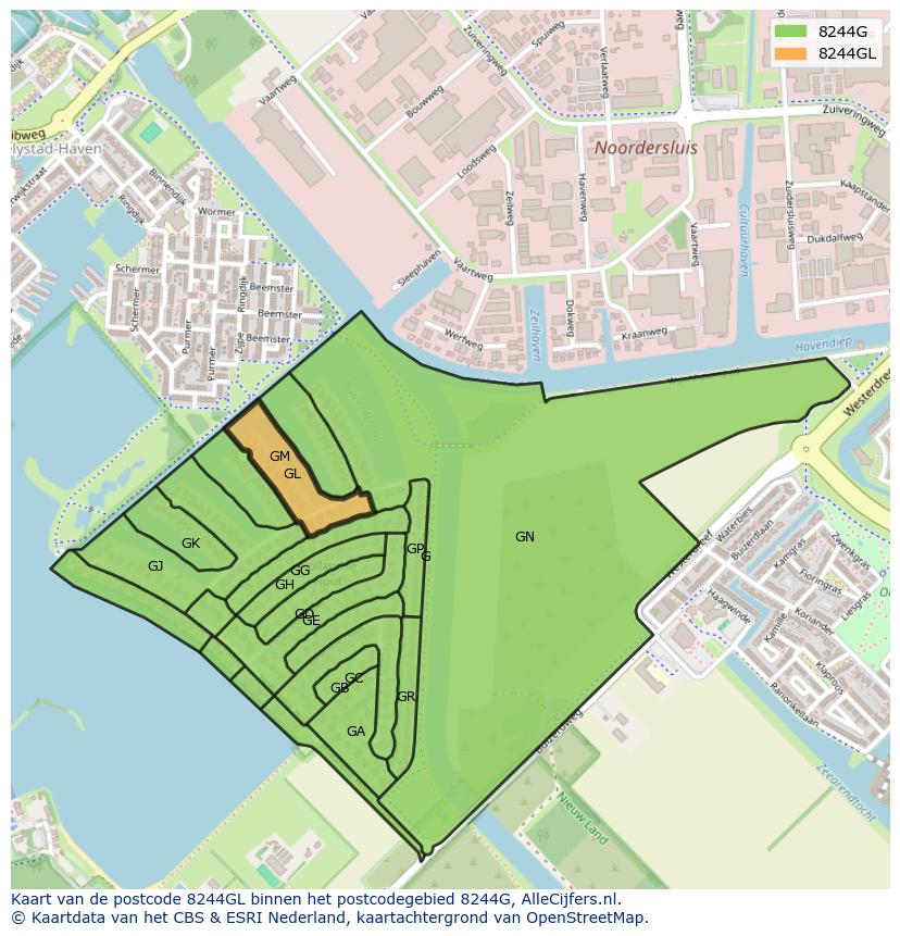 Afbeelding van het postcodegebied 8244 GL op de kaart.