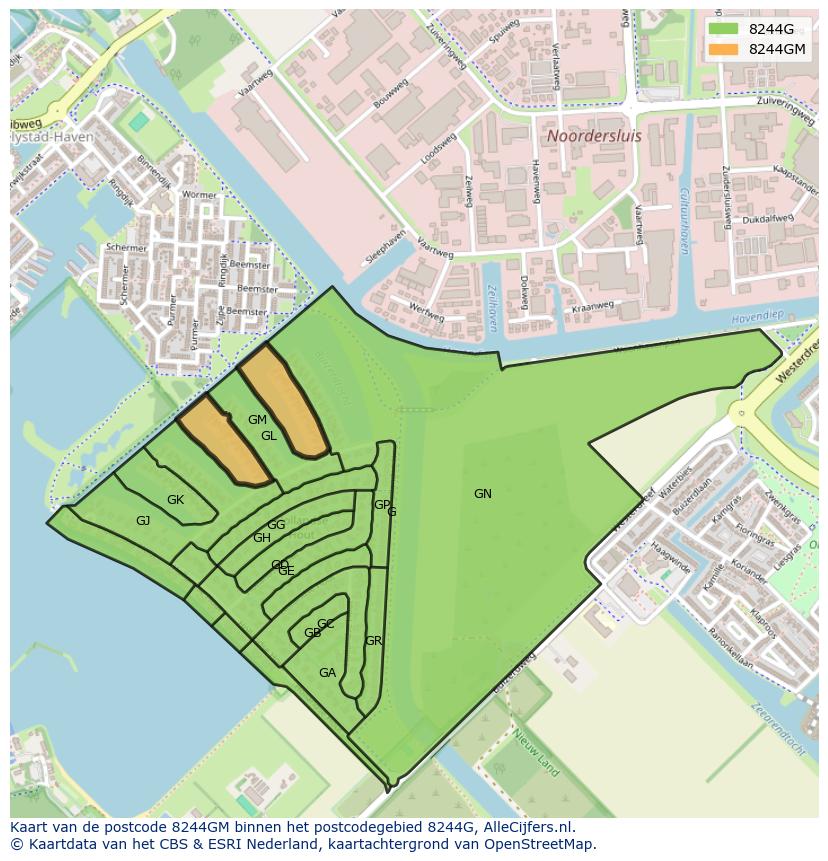 Afbeelding van het postcodegebied 8244 GM op de kaart.