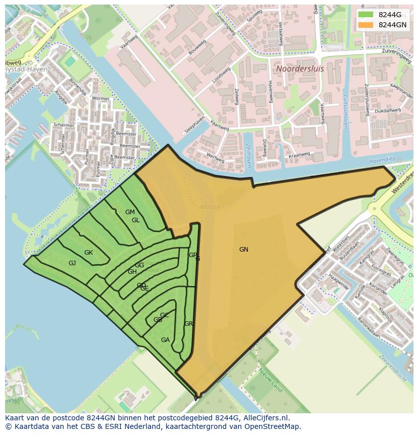 Afbeelding van het postcodegebied 8244 GN op de kaart.