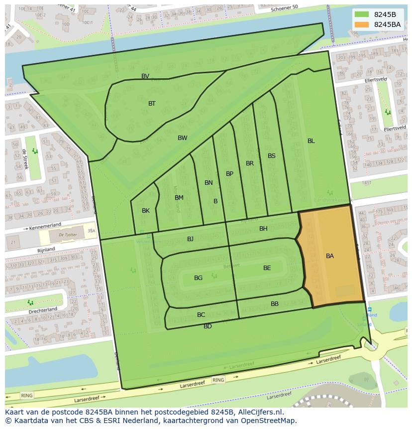 Afbeelding van het postcodegebied 8245 BA op de kaart.