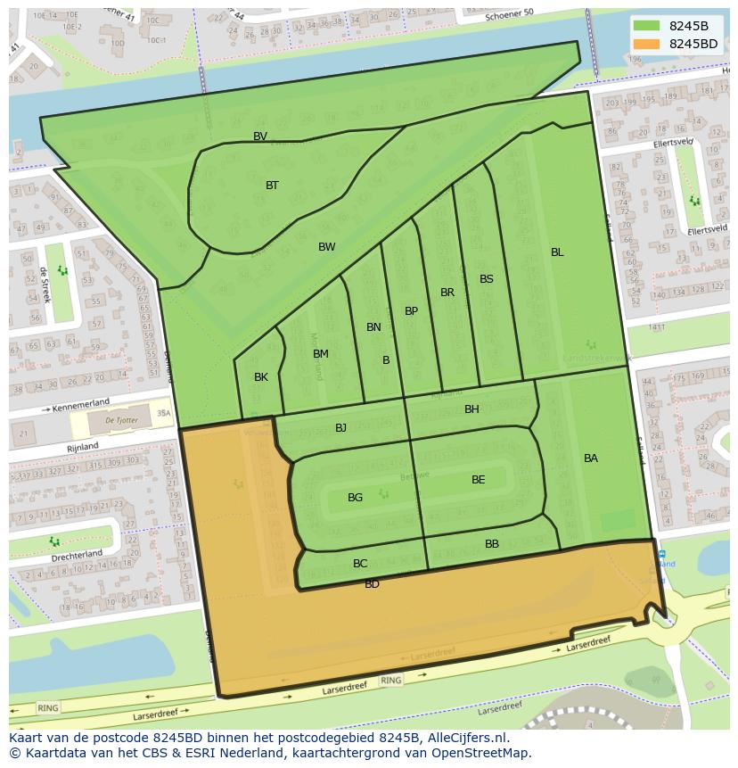 Afbeelding van het postcodegebied 8245 BD op de kaart.