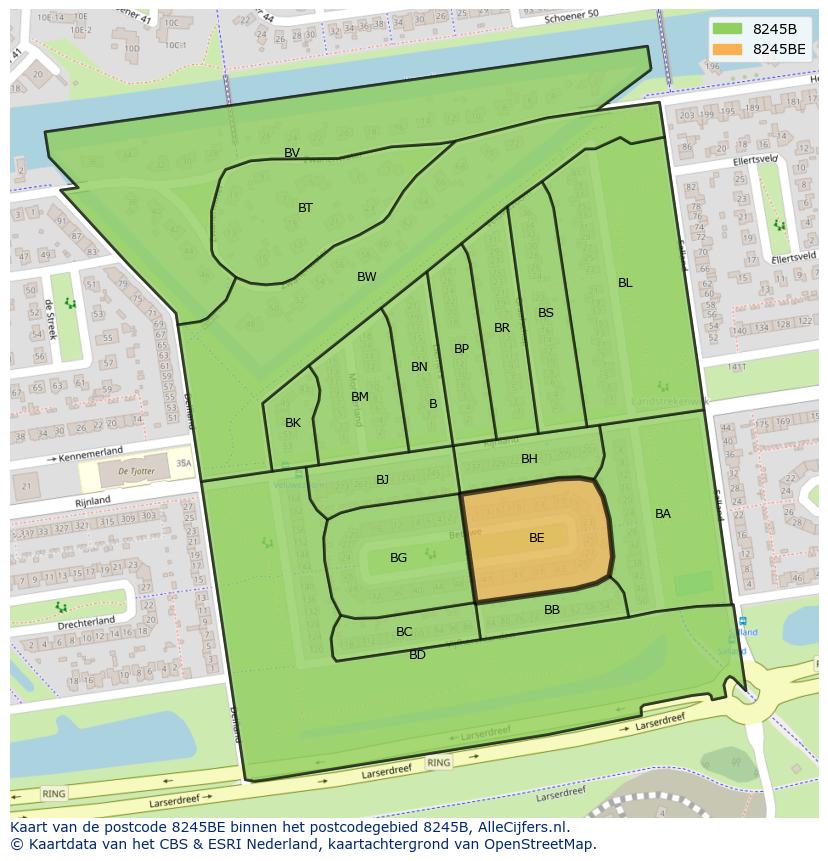 Afbeelding van het postcodegebied 8245 BE op de kaart.