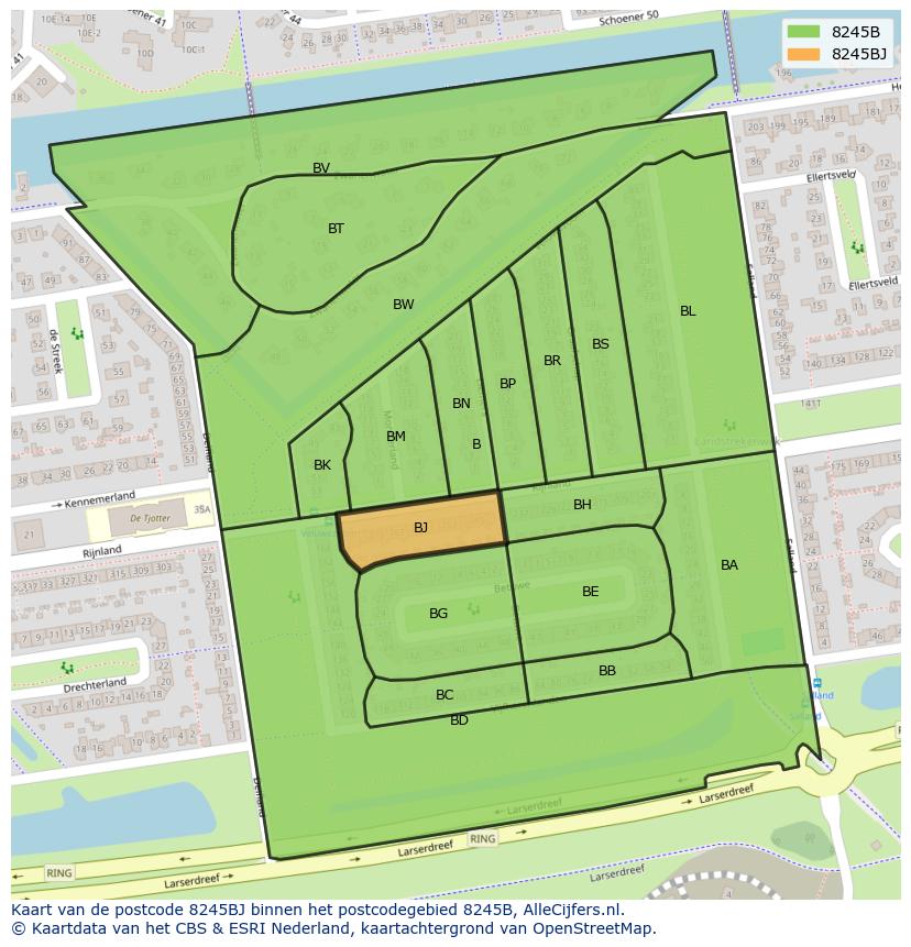 Afbeelding van het postcodegebied 8245 BJ op de kaart.