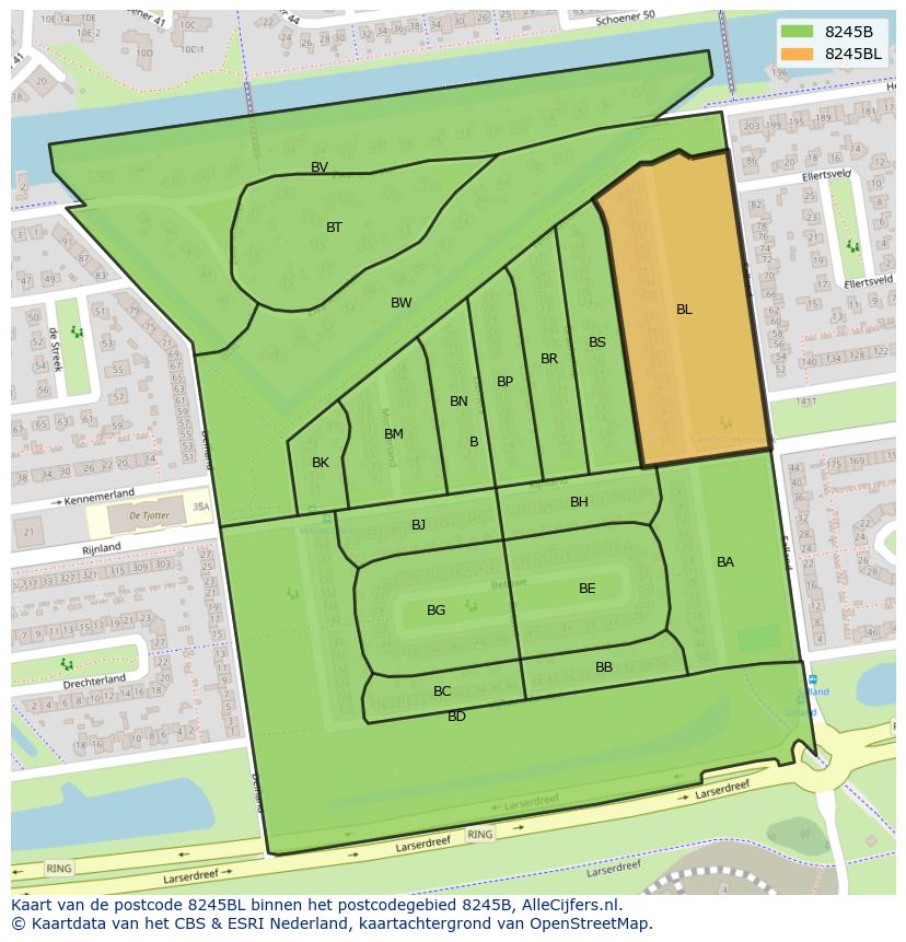 Afbeelding van het postcodegebied 8245 BL op de kaart.