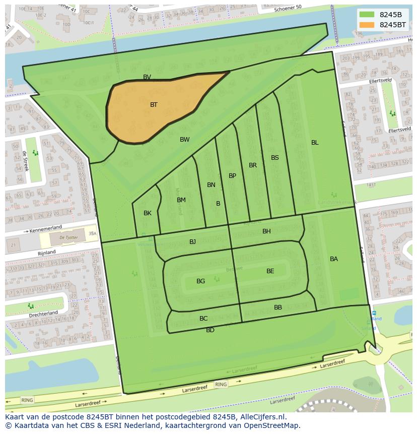 Afbeelding van het postcodegebied 8245 BT op de kaart.
