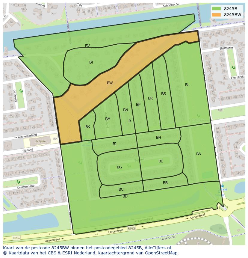 Afbeelding van het postcodegebied 8245 BW op de kaart.