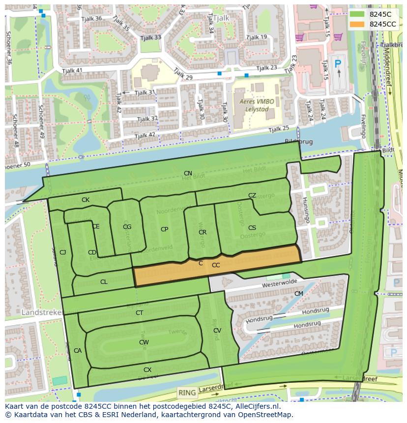Afbeelding van het postcodegebied 8245 CC op de kaart.