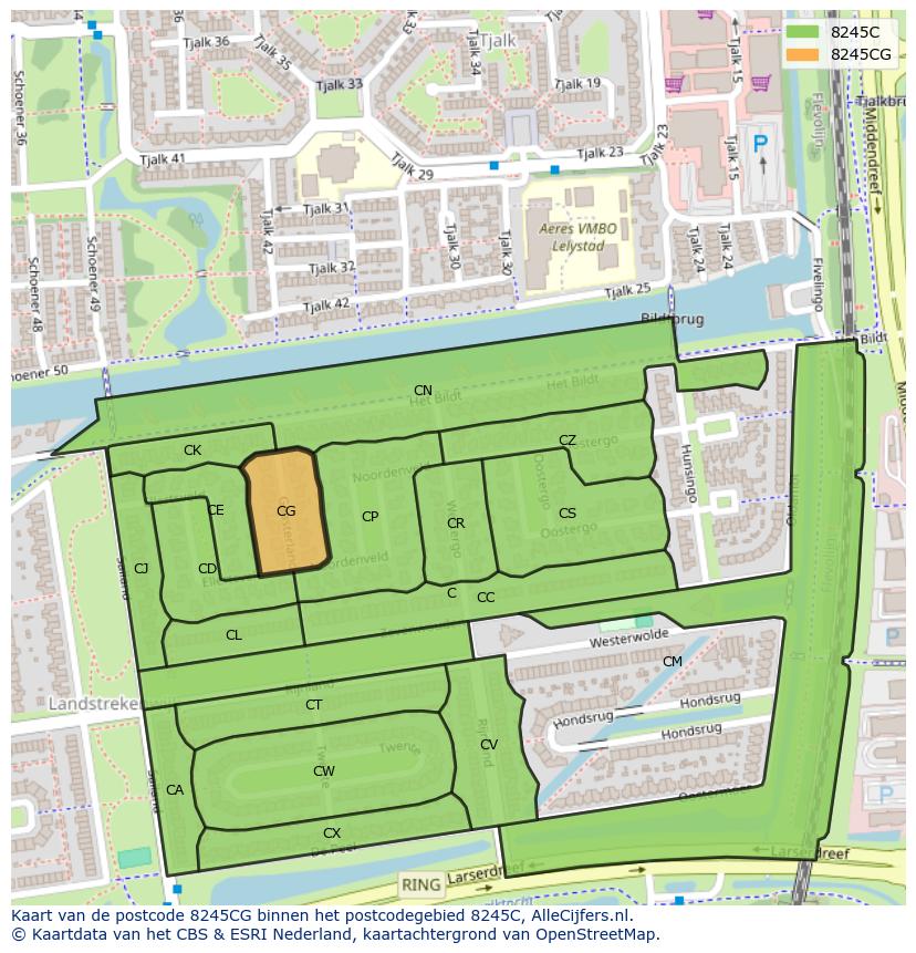Afbeelding van het postcodegebied 8245 CG op de kaart.