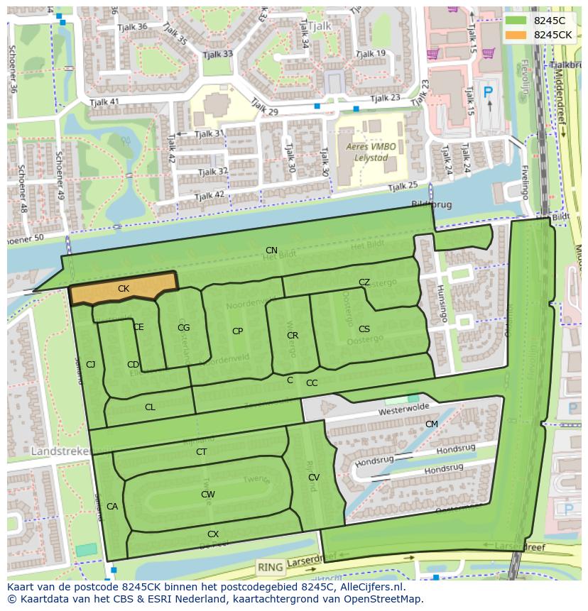 Afbeelding van het postcodegebied 8245 CK op de kaart.