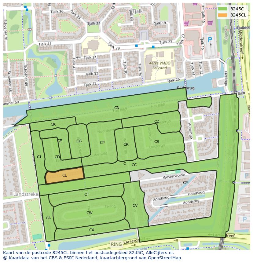 Afbeelding van het postcodegebied 8245 CL op de kaart.