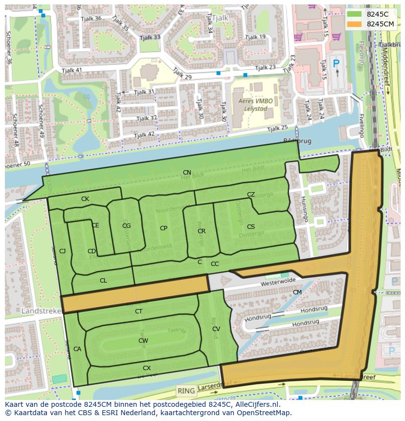 Afbeelding van het postcodegebied 8245 CM op de kaart.