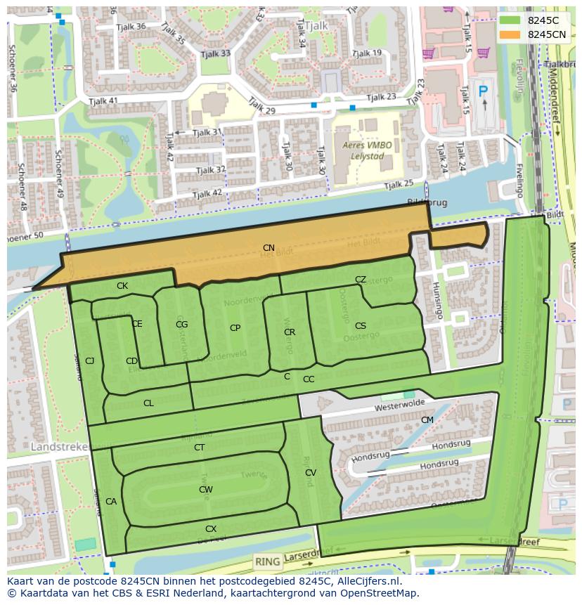 Afbeelding van het postcodegebied 8245 CN op de kaart.