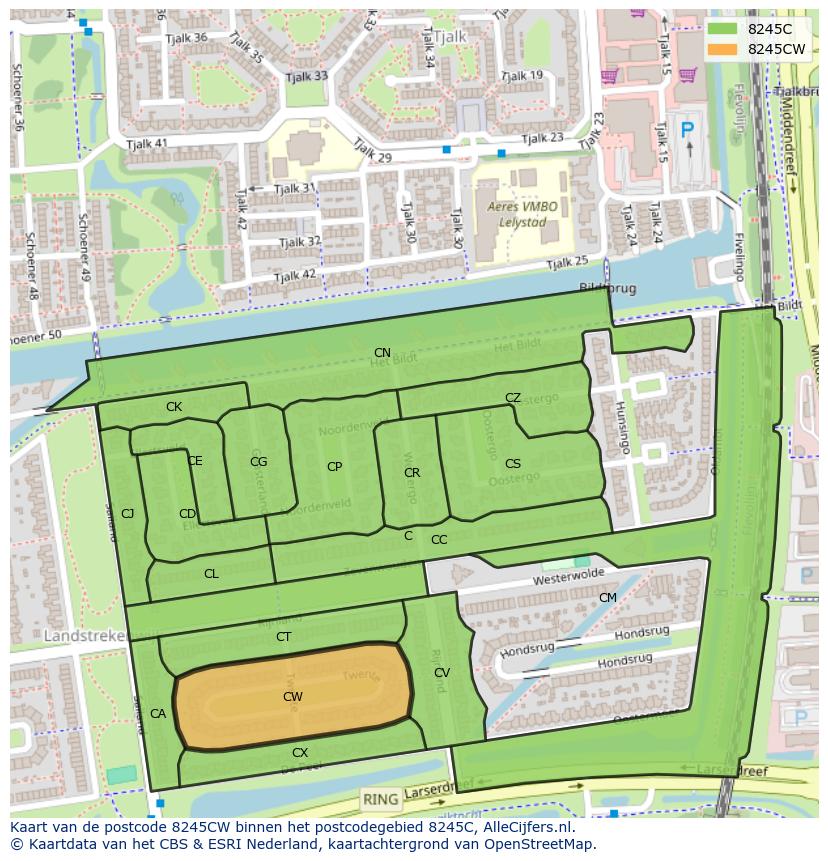 Afbeelding van het postcodegebied 8245 CW op de kaart.