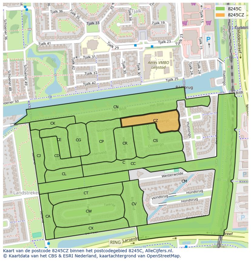 Afbeelding van het postcodegebied 8245 CZ op de kaart.