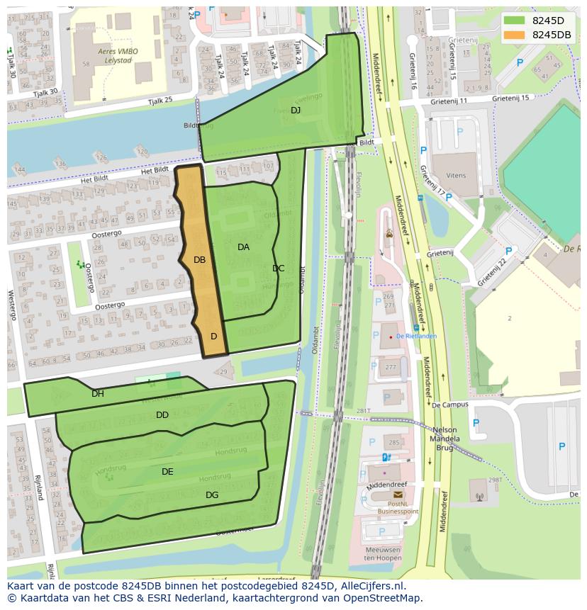 Afbeelding van het postcodegebied 8245 DB op de kaart.
