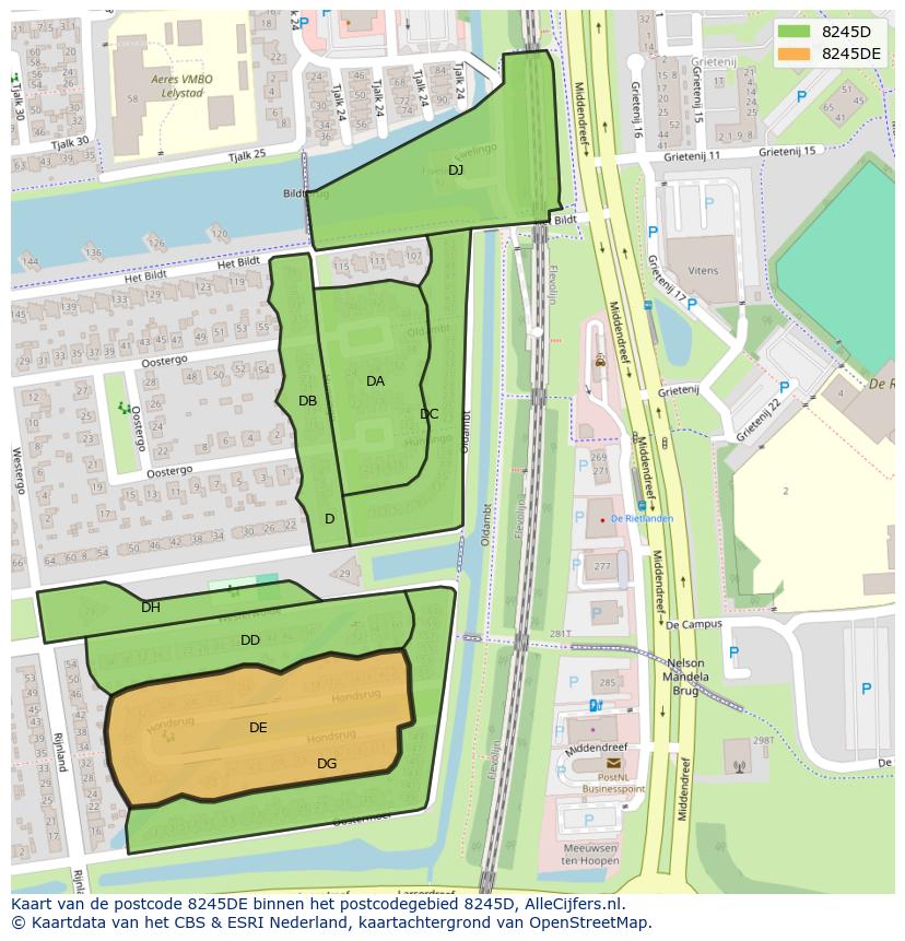 Afbeelding van het postcodegebied 8245 DE op de kaart.