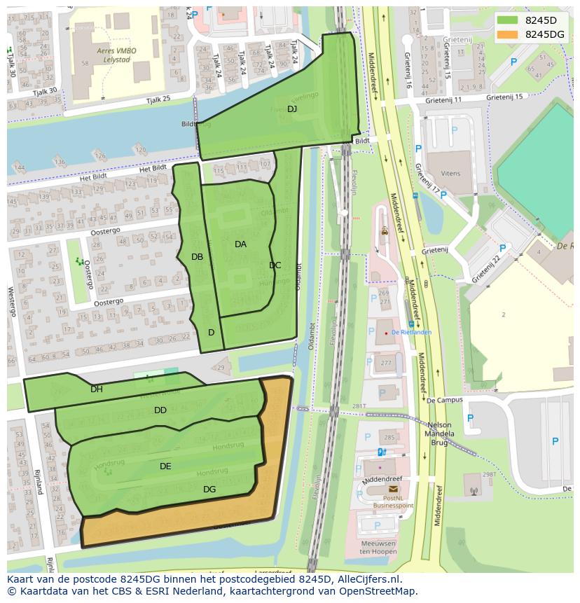 Afbeelding van het postcodegebied 8245 DG op de kaart.