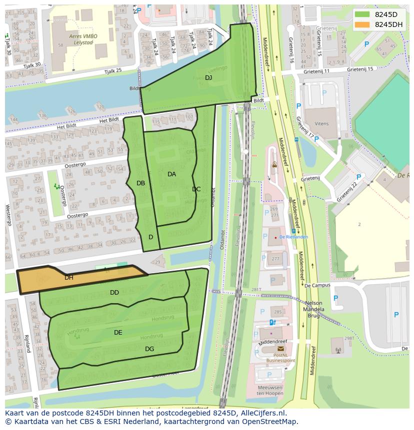 Afbeelding van het postcodegebied 8245 DH op de kaart.
