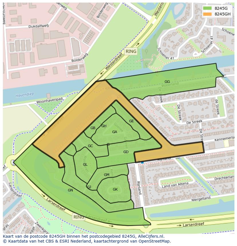 Afbeelding van het postcodegebied 8245 GH op de kaart.