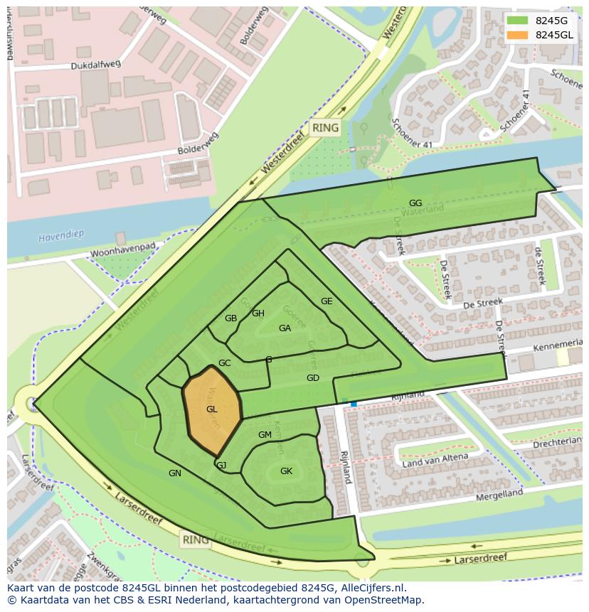 Afbeelding van het postcodegebied 8245 GL op de kaart.